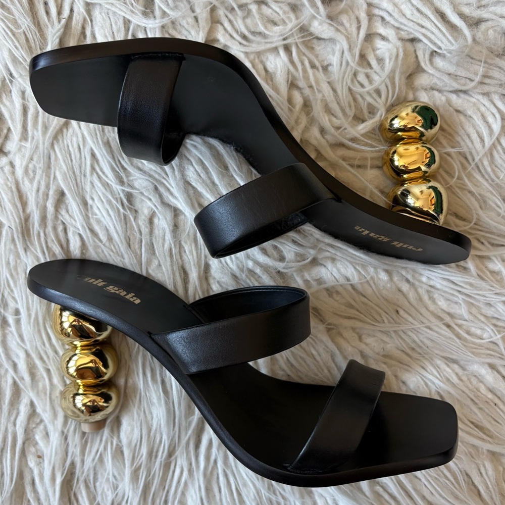 CULT GAIA Meta Black Leather Gold Metallic Architectural Heel Slide Sandal Sz 39 - Picture 4 of 12